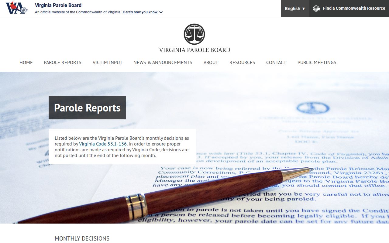 Culpeper County parole monthly decision report archive