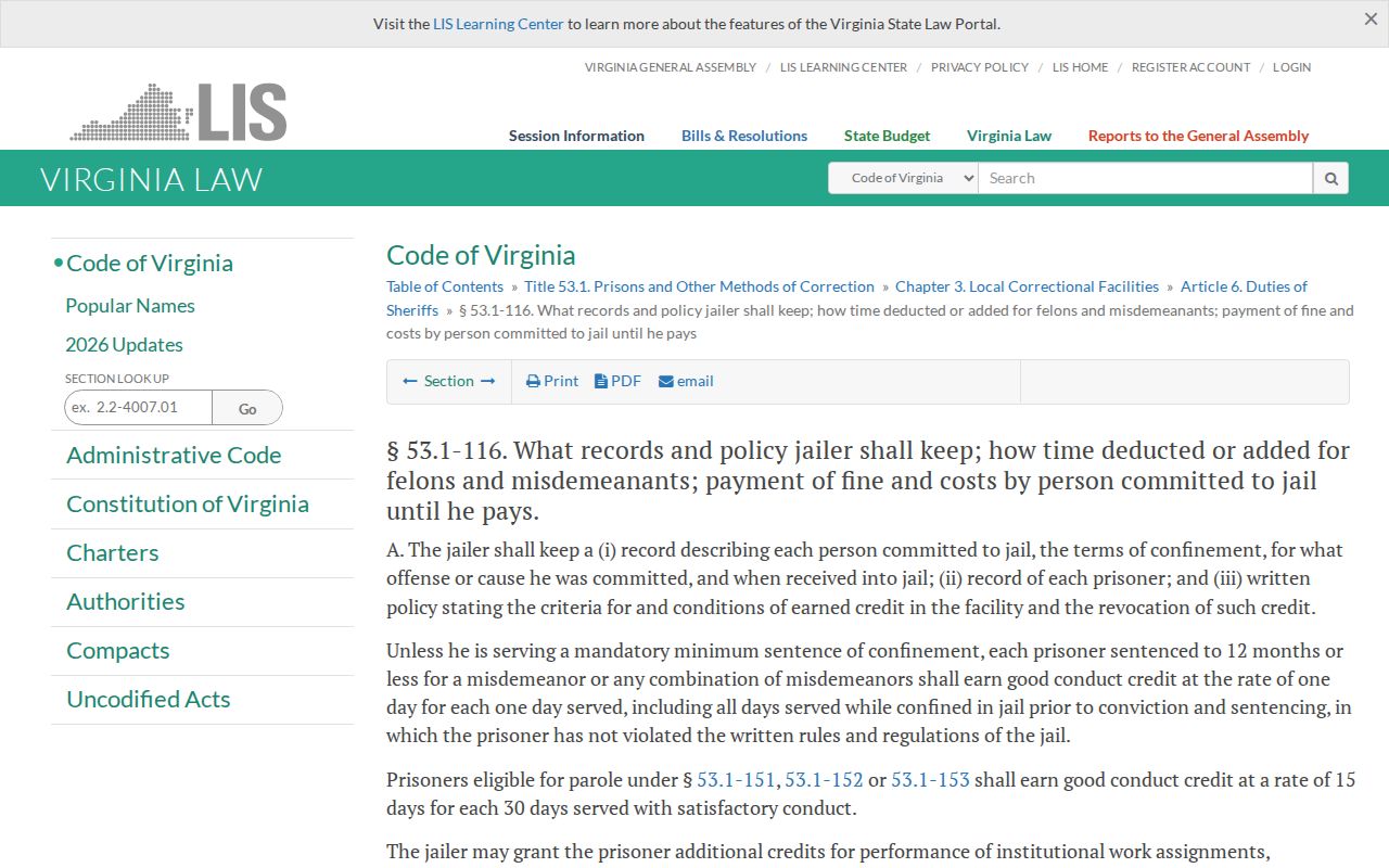 Culpeper County projected release date local jail good-conduct credit law