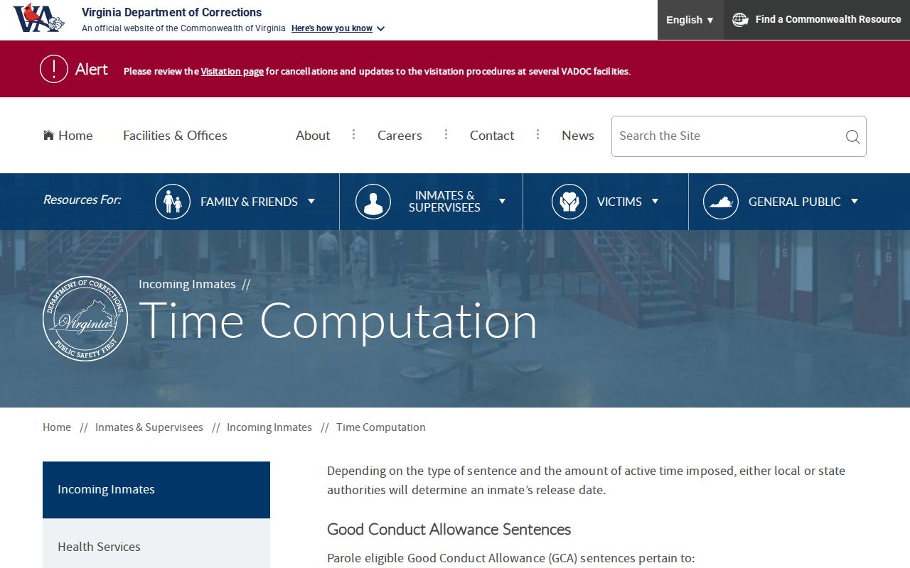 Culpeper County projected release date VADOC time computation