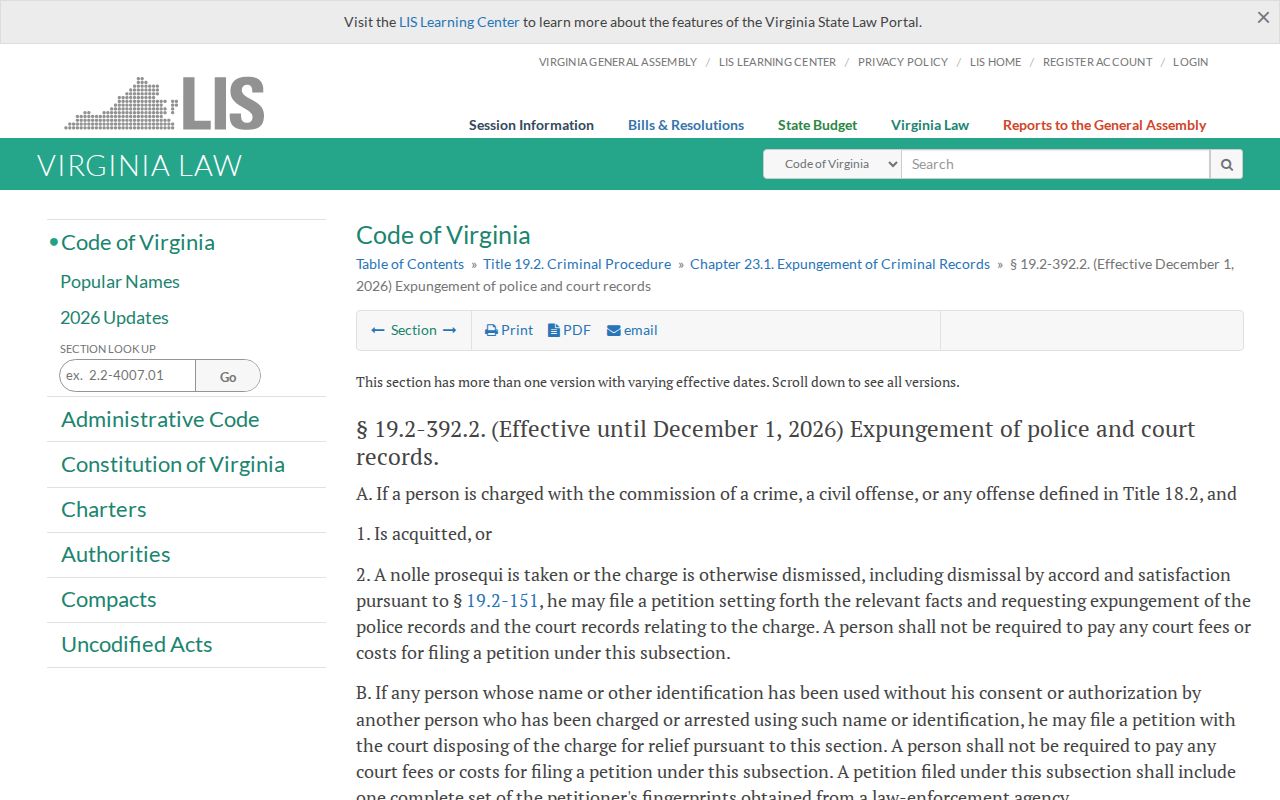 Current Virginia expungement statute affecting Culpeper County mugshot records
