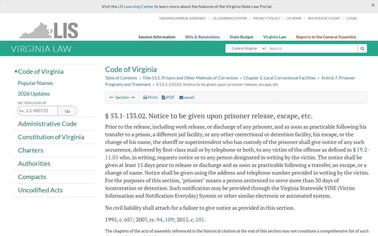 Virginia law for Culpeper County local jail VINE release notifications
